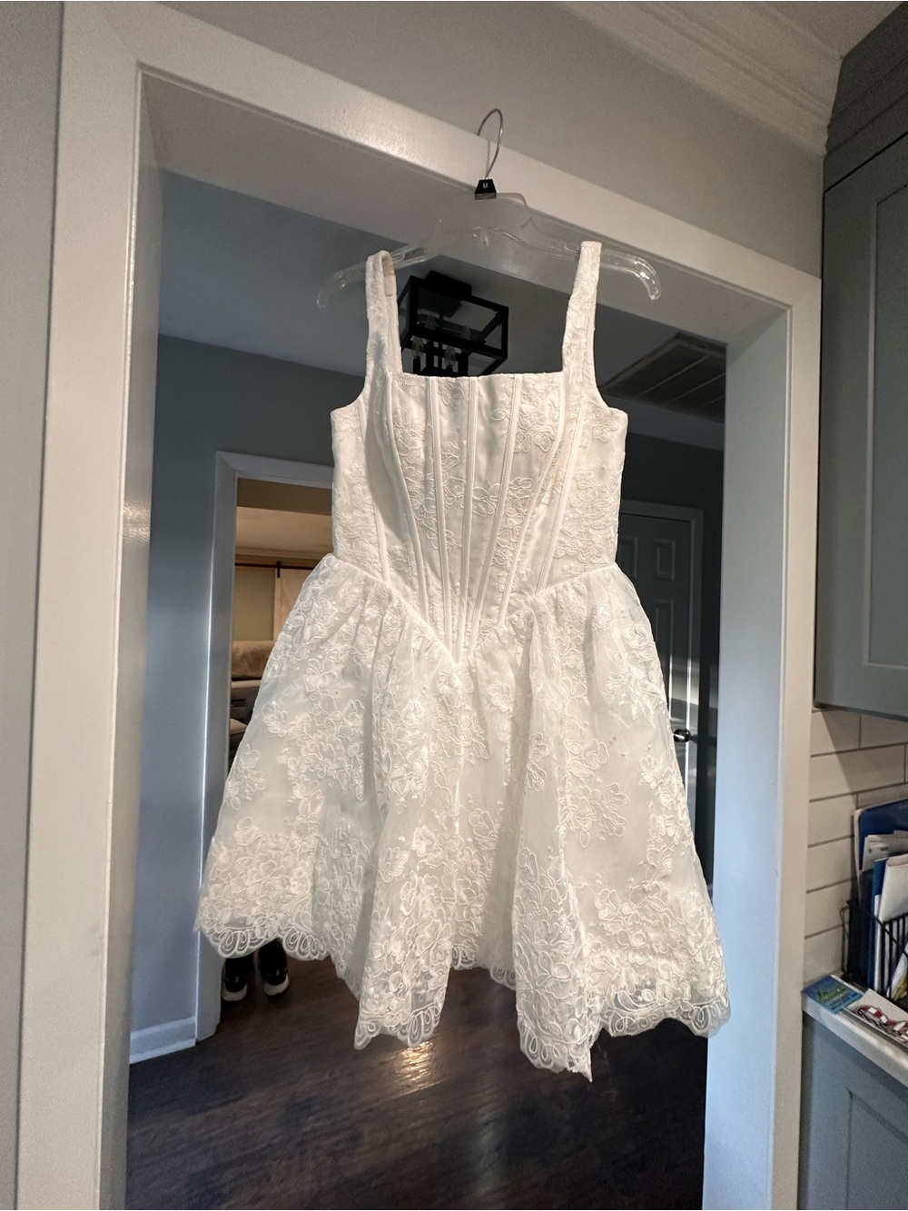 White Lace Azazie Bridal Event Dress with Square Neck